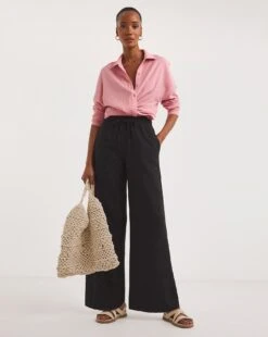 Black Linen Mix Wide Leg Trousers| Black