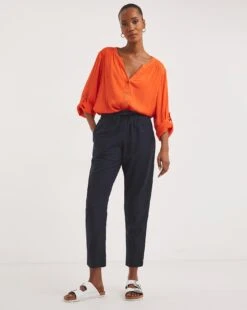 Navy Linen Mix Tapered Trousers| Navy