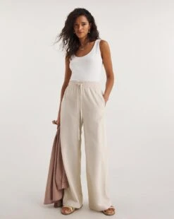 Sand Linen Mix Wide Leg Trousers| Sand