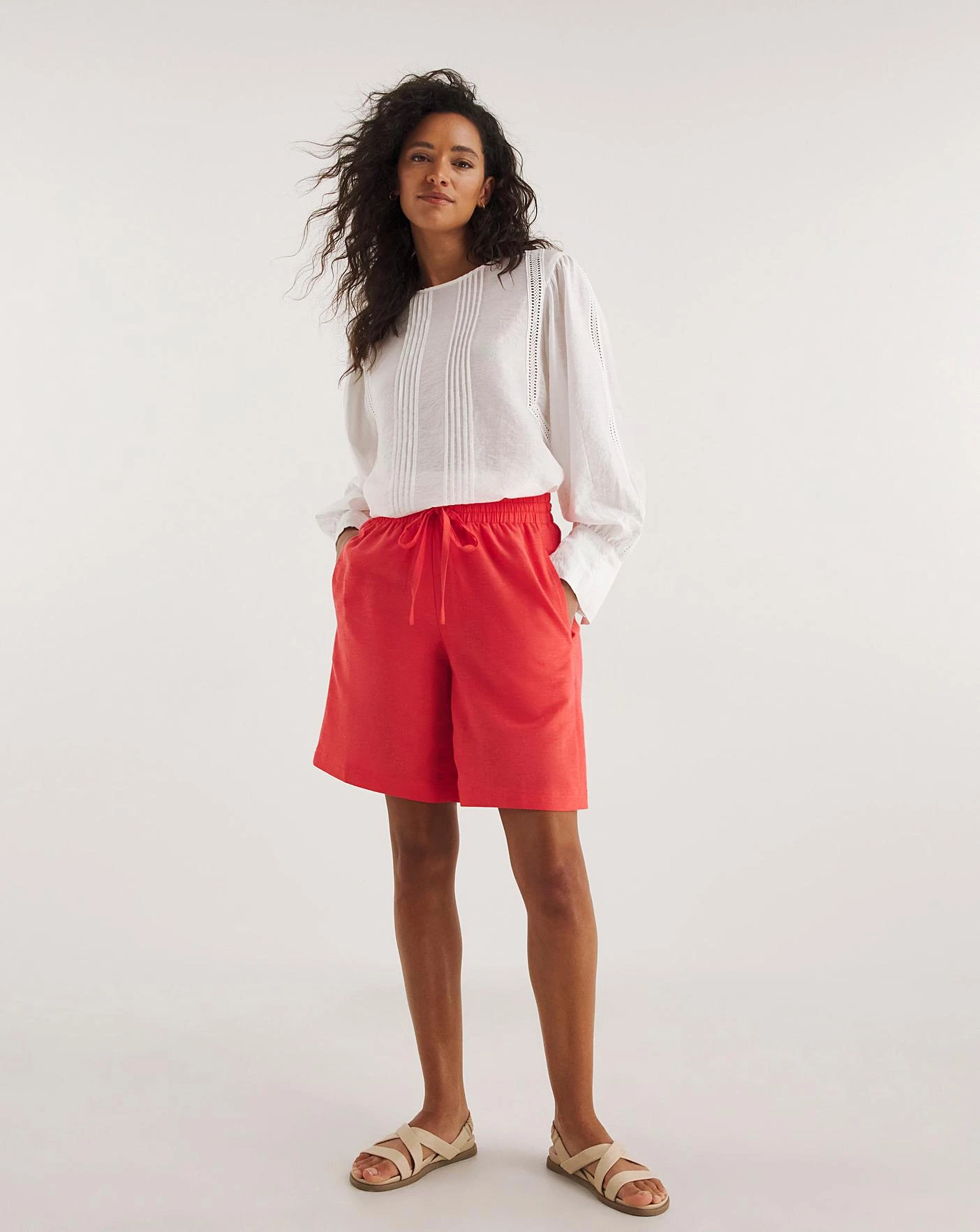 Coral Linen Mix Knee Length Shorts| Coral 3 Coral Linen Mix Knee Length Shorts| Coral