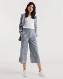 Blue Stripe Linen Straight Leg Culotte| Blue Stripe