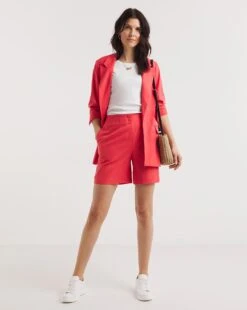 Coral Linen Bermuda Shorts| Coral