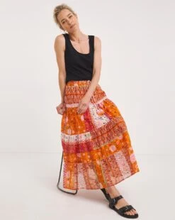 Joe Browns Perfect Patchwork Tassel Tie Skirt| Orange Multi