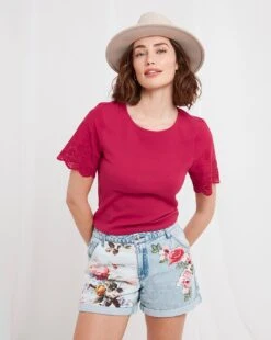 Joe Browns Broderie Sleeve Tee| Red -Trendy Rae Sales y01zy455502s