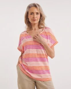 Julipa Notch Neck T-Shirt| Pink Stripe