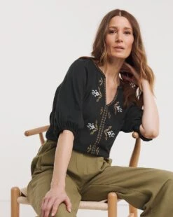 Julipa Embroidered Notch Neck Top| Black