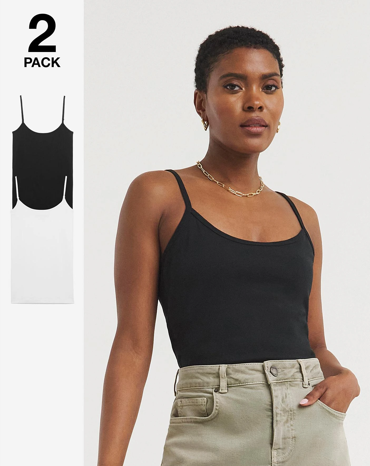 2 Pack Longline Sleeveless Jersey Cami| Black/White 3 2 Pack Longline Sleeveless Jersey Cami| Black/White