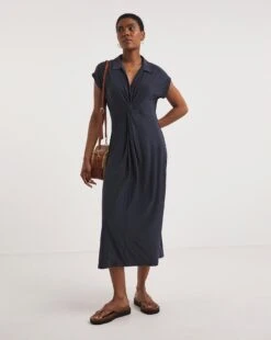 Twist Knot Front Midi Shirt Dress With Collar| Navy