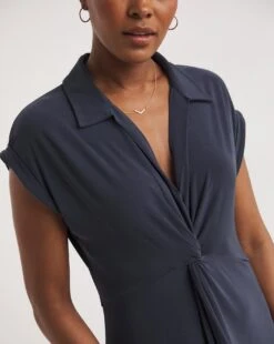 Twist Knot Front Midi Shirt Dress With Collar| Navy -Trendy Rae Sales z01yc750749w