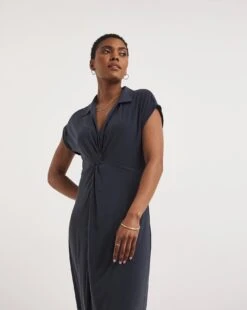 Twist Knot Front Midi Shirt Dress With Collar| Navy -Trendy Rae Sales z01yc750751w