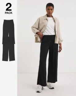 Black/Black 2 Pack Pull On Lightweight Jersey Wide Leg Trousers