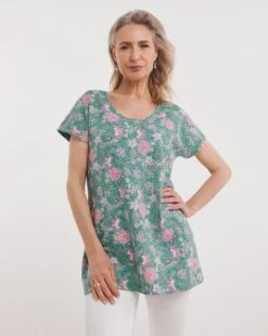 Julipa Round Neck Printed Tunic| Green Multicolour